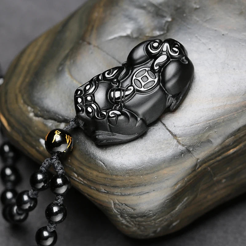 Black Obsidian Pixiu Necklace - Wealth Protection