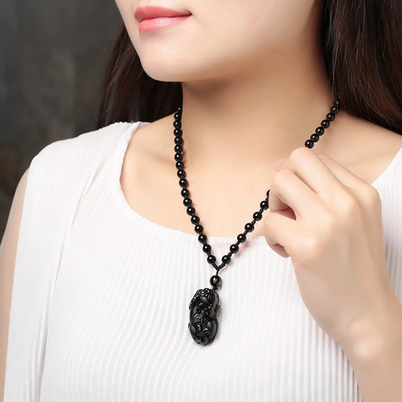 Black Obsidian Pixiu Necklace - Wealth Protection