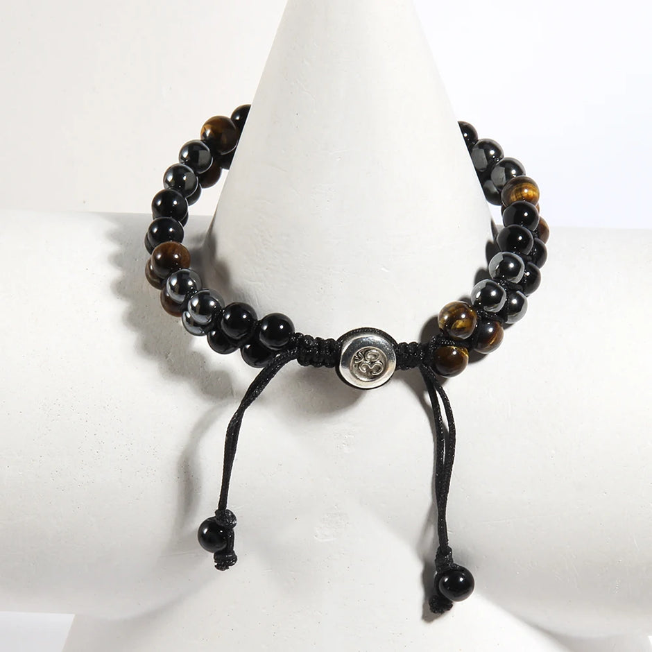 RH Dropship Vintage Men Gift Handmade Mixed 2 Row Black Stones Tiger Eye Agate Health Magnetic Therapy OM Button Wrap Bracelets
