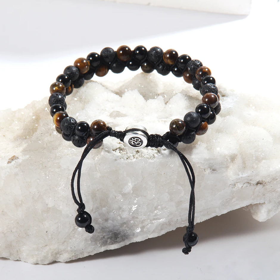 RH Dropship Vintage Men Gift Handmade Mixed 2 Row Black Stones Tiger Eye Agate Health Magnetic Therapy OM Button Wrap Bracelets